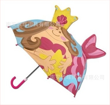 Детски чадър със 3D животинска форма и карикатурен дизайн, дълга дръжка, 8 ребра, полиестерно платно, фибърна пръчка и дръжка, ръчно отваряне