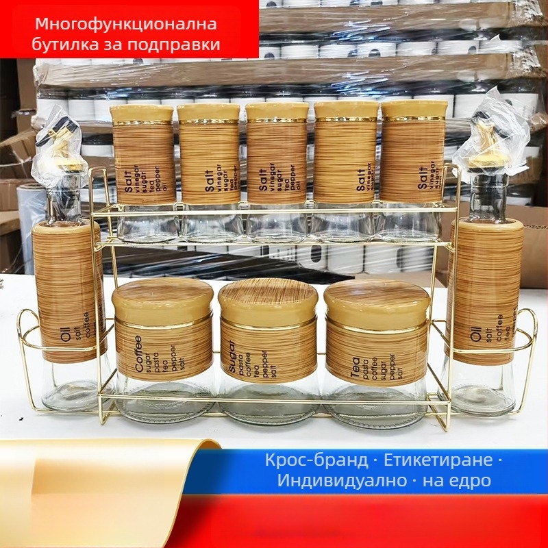 Стъклен комплект за подправки с влагоустойчив дизайн – подходящ за твърдите подправки, варианта 8/10/11 части, възможност за персонализиран логотип, модерен минималистичен стил