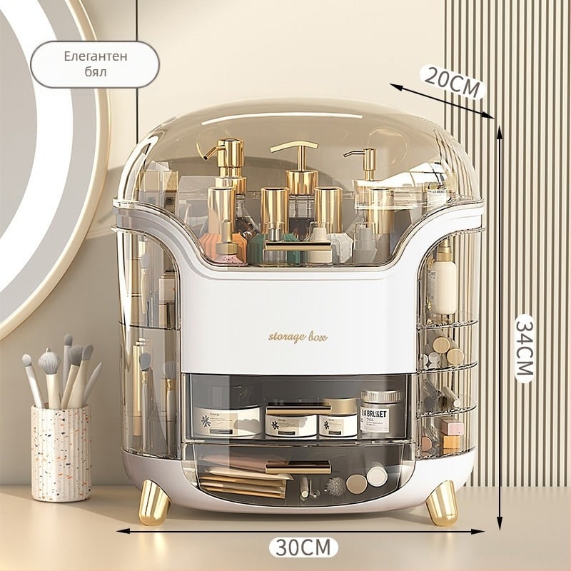 Пластмасова кутия за козметика с голям капацитет, отделения за устни и четки, прахозащитна настолна организация за грижа за кожата