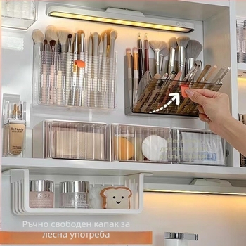 Козметична кутия за съхранение с прозрачен огледален шкаф, стенен монтаж — PP материал, печат на лого, персонализация, щракващо затваряне