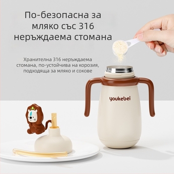 Детска термос-чаша 316 стомана, силиконов корпус, 6-12 часа изолация, с дръжка и сламка, cartoon дизайн