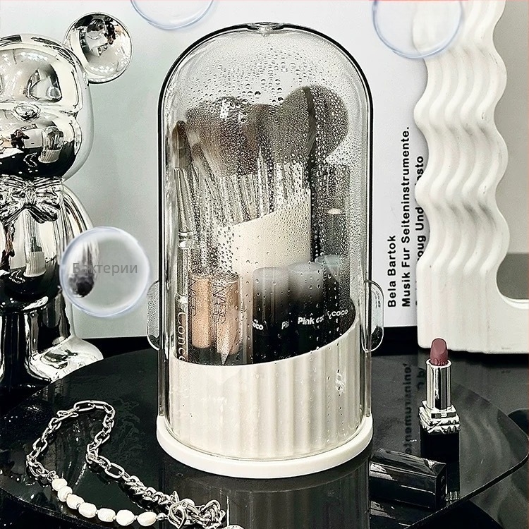 Прозрачен въртящ се козметичен органайзер, ABS материал, прахоустойчив, за четки, червила и сенки на бюро