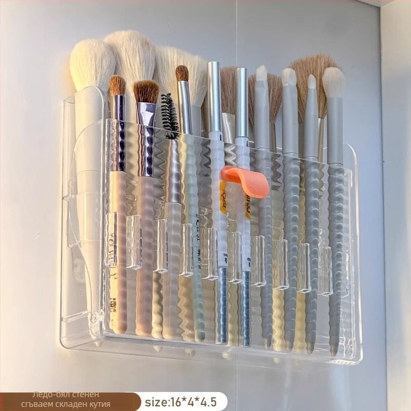 Стенен органайзер за четки за грим и моливи за вежди, прозрачен корпус, без пробиване, PS материал