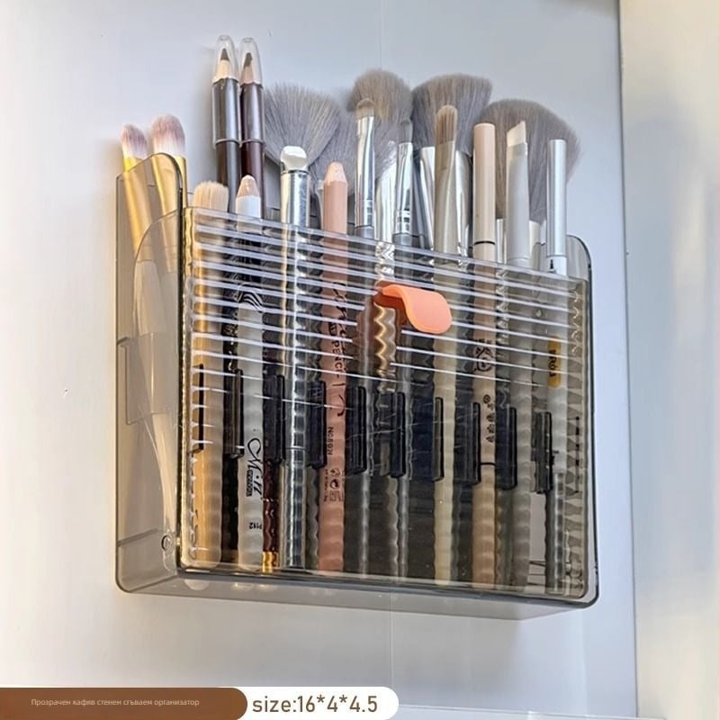 Стенен органайзер за четки за грим и моливи за вежди, прозрачен корпус, без пробиване, PS материал