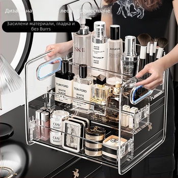 Десктоп кутия за съхранение на козметика за червила, парфюми и грижа за кожата; прозрачен прахоустойчив дизайн; PET материал; модерен минималистичен стил; пусната през 2025.