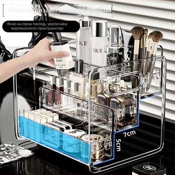 Десктоп кутия за съхранение на козметика за червила, парфюми и грижа за кожата; прозрачен прахоустойчив дизайн; PET материал; модерен минималистичен стил; пусната през 2025.