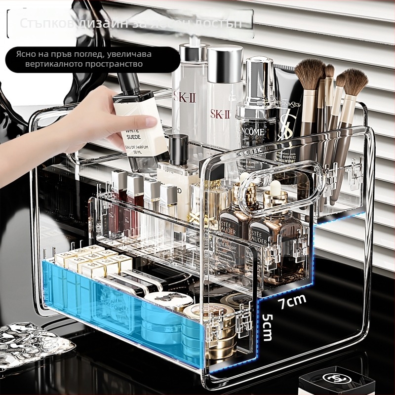 Десктоп кутия за съхранение на козметика за червила, парфюми и грижа за кожата; прозрачен прахоустойчив дизайн; PET материал; модерен минималистичен стил; пусната през 2025.