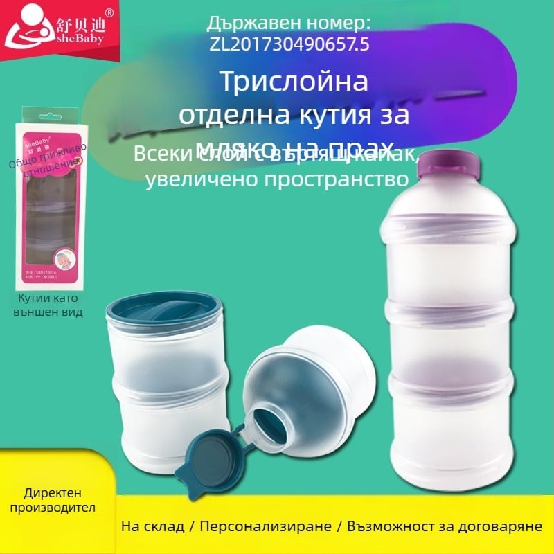 Кутия за бебешко мляко на прах с три нива – портативна с отделения за мляко и закуски, марка Shebaby, подходяща за възраст 0–3 години.