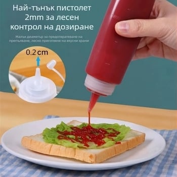 Бутилка за сосове от хранителен пластмасов материал с удебелен накрайник за търговска употреба