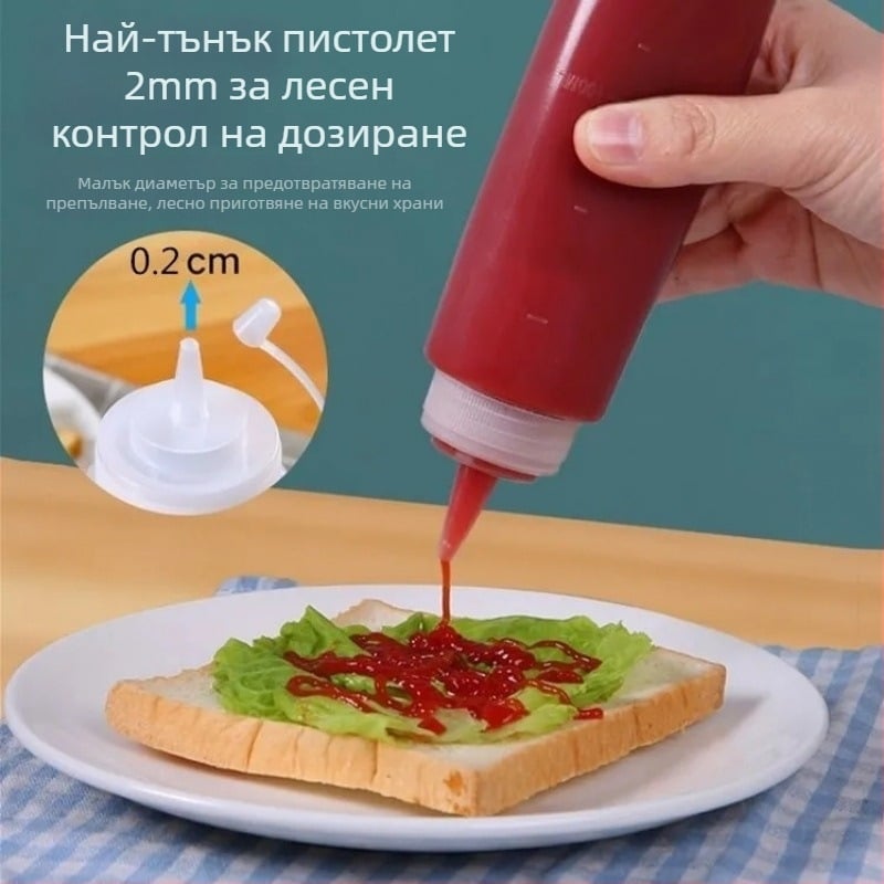 Бутилка за сосове от хранителен пластмасов материал с удебелен накрайник за търговска употреба