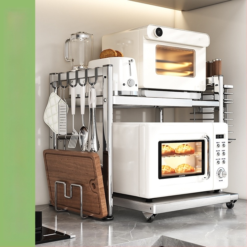 Държач за микровълнова печка от неръждаема стомана със издърпващ се дизайн – кухненски органайзер с 2- или 3-етажна конструкция