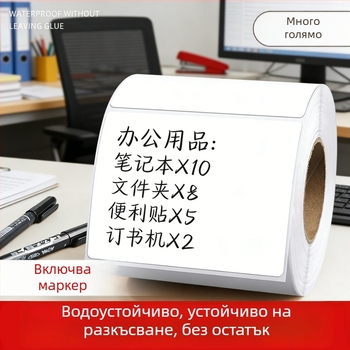 Самозалепваща се етикетна хартия за писане, термален PP, лице: синтетична хартия, лепило: неизсъхващо, дебелина 75, дългосрочна температурна устойчивост 50, форма: правоъгълник