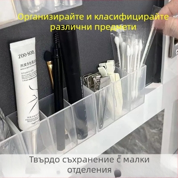 Стенно монтиран огледален шкаф с разделени отделения, без пробиване на дупки, окачващо съхранение за червила и моливи, прозрачен рафт за съхранение