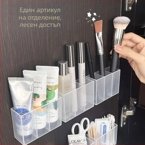 Стенно монтиран огледален шкаф с разделени отделения, без пробиване на дупки, окачващо съхранение за червила и моливи, прозрачен рафт за съхранение