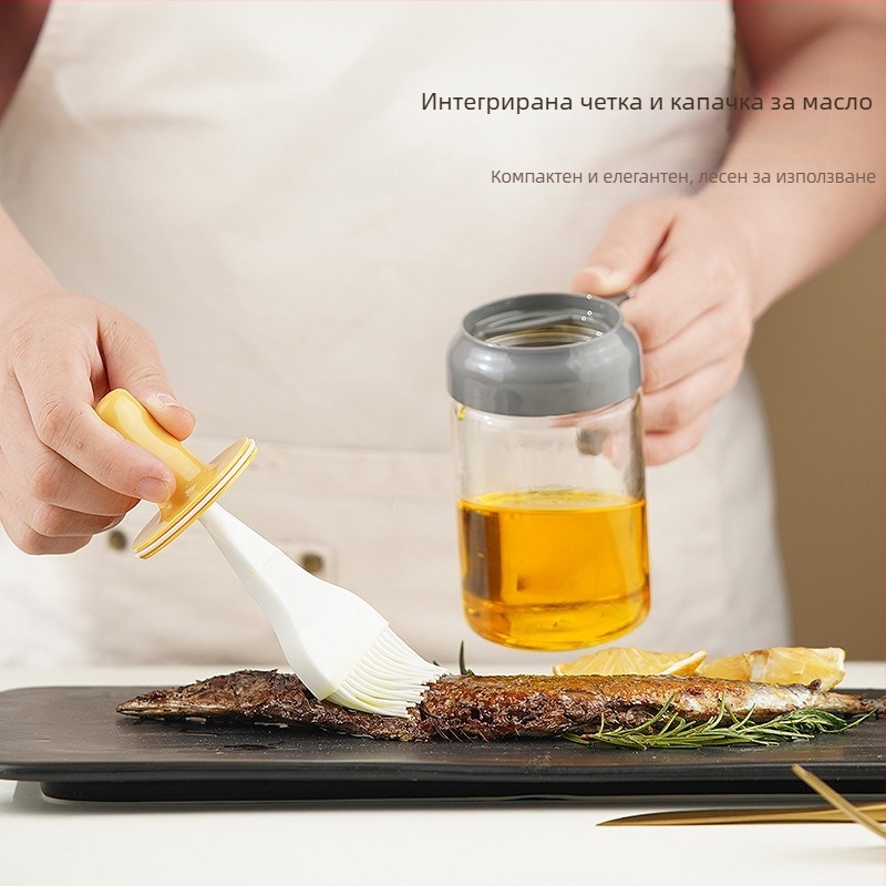 Интегрирана четка за масло и бутилка • Стъклена и силиконова конструкция • Устойчива на високи температури • За кухня и барбекю