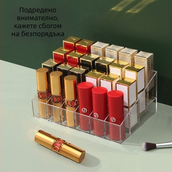 Стойка-органайзер за червило и лак за нокти, 24 секции, пластмасова настолна кутия за козметика, без капак