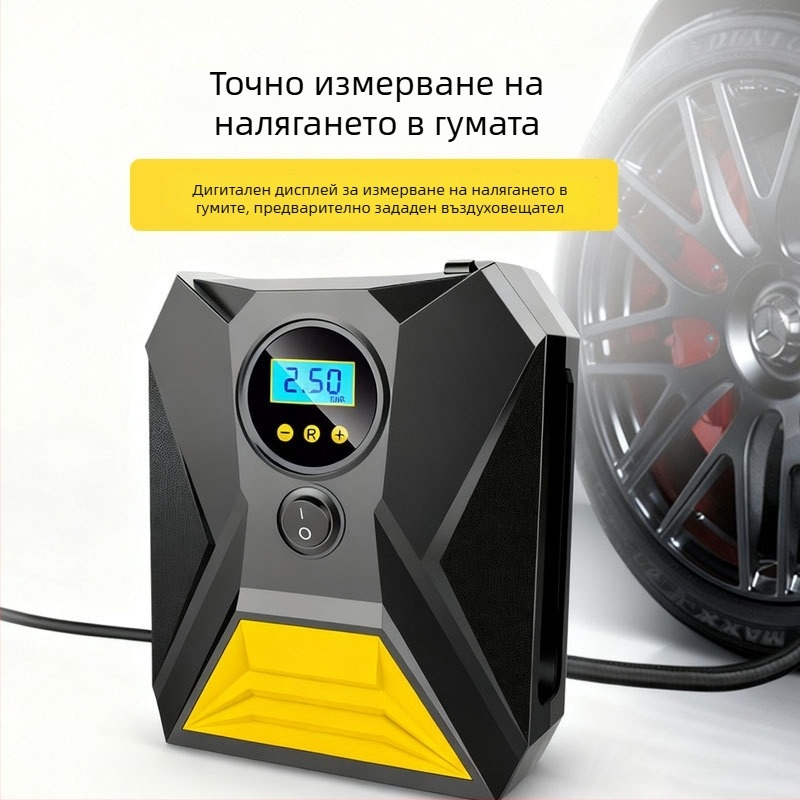 Преносим компресор за гуми на автомобили с цифров дисплей и LED осветление, 12V, 120W, 25 л/мин, 50 см тръба