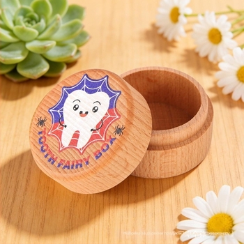 Дървена кутия за запазване на млечни зъби и бебешка косичка, кръгъл дизайн, масивно дърво, марка Golden Palm