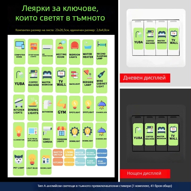 PVC флуоресцентна стенна стикер за контакти и превключватели – индикатор за осветление, 1 бр., модел 29453, подходящ за дневна, спалня, кабинет, ресторант, баня и вход