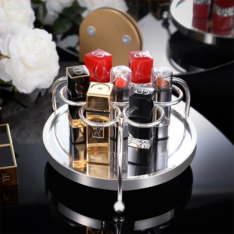 Кутия за червила със огледален поднос – лек лукс в европейски стил, метал и стъкло, настолен дизайн, едно ниво, подходяща за пътуване, спалня и баня