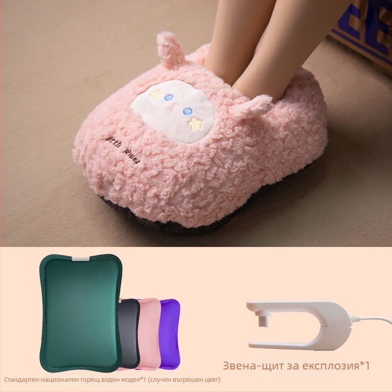 USB-захранвана чанта за гореща вода за загряване на корема и краката, карикатурни кадифени домашни чехли със силиконова подметка