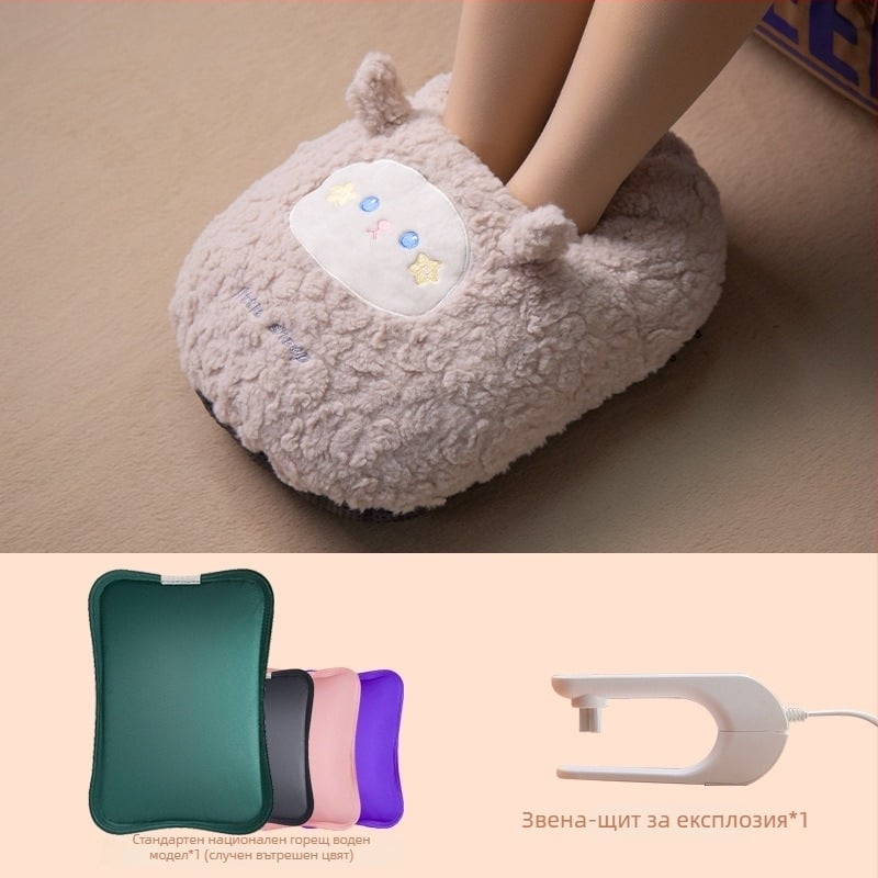USB-захранвана чанта за гореща вода за загряване на корема и краката, карикатурни кадифени домашни чехли със силиконова подметка