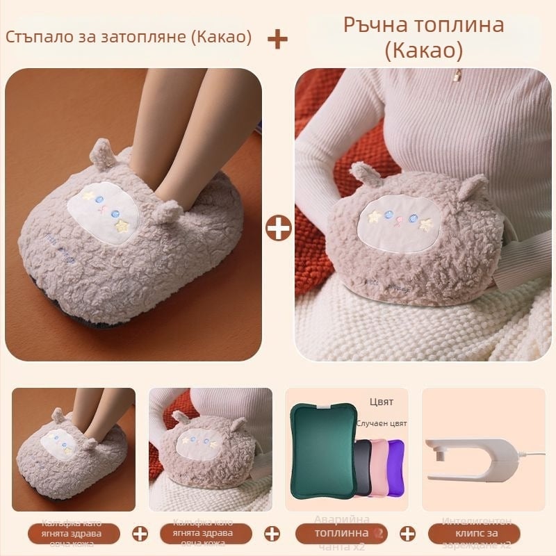 USB-захранвана чанта за гореща вода за загряване на корема и краката, карикатурни кадифени домашни чехли със силиконова подметка