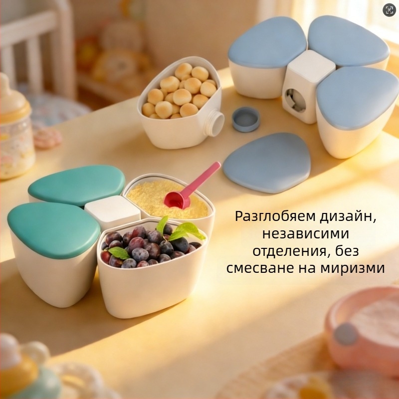 Портативна кутия за бебешко мляко на прах с четири отделения, дизайн на детелина, голям капацитет