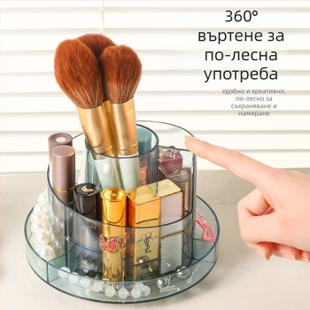 Ротираща козметична кутия за съхранение с наклонен държач за червила, настолен органайзер, PET материал, открит дизайн, 500 г