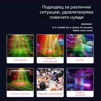 Мини лазерен прожектор EMS-25 серия — лазер+LED източник, напрежение 110-240V, IP20 защита, гласово управление + дистанционно