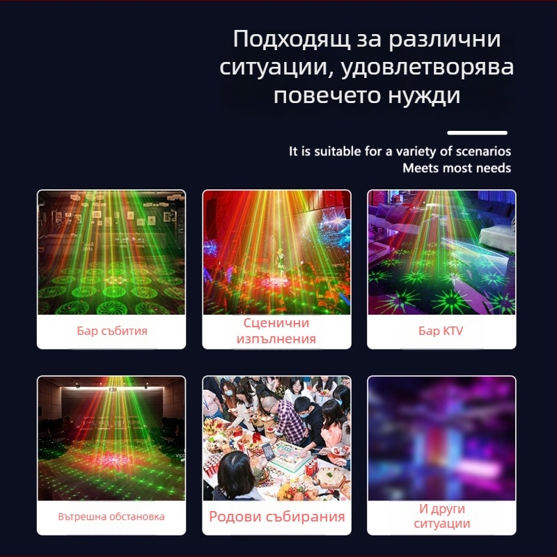 Мини лазерен прожектор EMS-25 серия — лазер+LED източник, напрежение 110-240V, IP20 защита, гласово управление + дистанционно