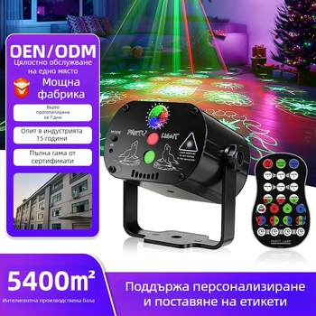 Мини лазерна сценична светлина с дистанционно и гласово управление – лазерен и LED източник, модел R60, 5V USB захранване, вътрешно ползване, алуминиево тяло, CE сертификация