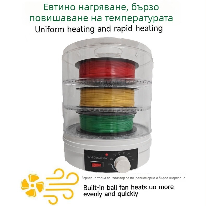 Домашно сушилно устройство за консумативи за 3D принтер, цилиндрично, капацитет 5–10 кг, 1 слой, 350W, механично управление, до 480 минути