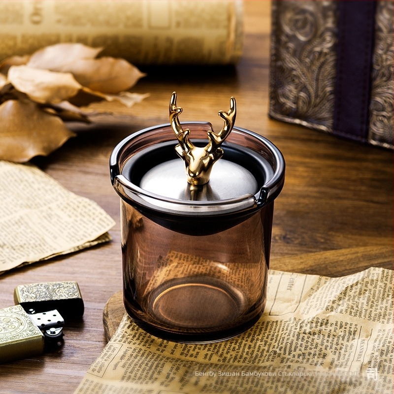 Пепелник с капак, форма на фуния, устойчив на вятър, стъклен, дебело стъкло, с възможност за персонализация