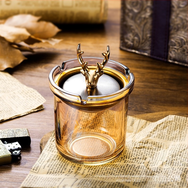 Пепелник с капак, форма на фуния, устойчив на вятър, стъклен, дебело стъкло, с възможност за персонализация