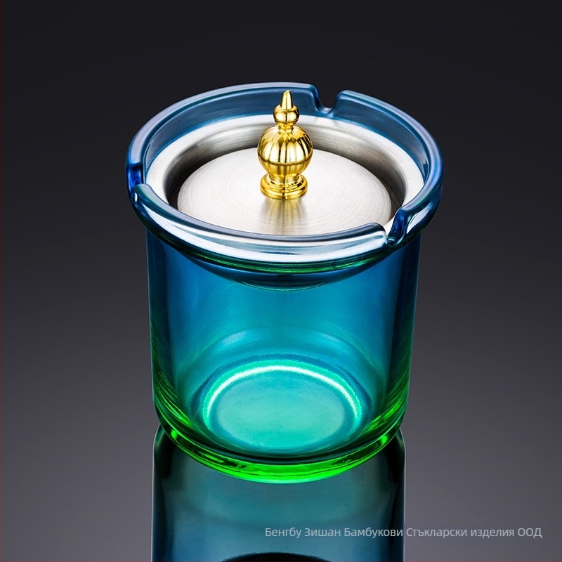 Пепелник с капак, форма на фуния, устойчив на вятър, стъклен, дебело стъкло, с възможност за персонализация