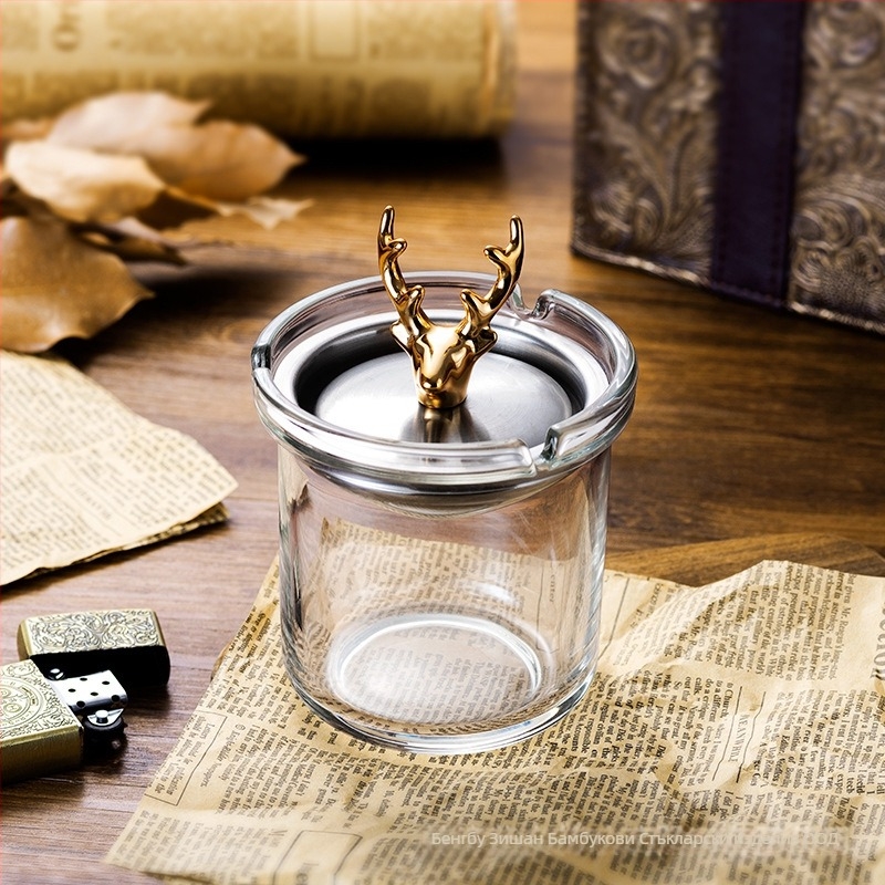 Пепелник с капак, форма на фуния, устойчив на вятър, стъклен, дебело стъкло, с възможност за персонализация