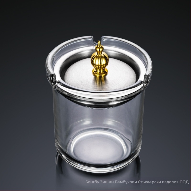 Пепелник с капак, форма на фуния, устойчив на вятър, стъклен, дебело стъкло, с възможност за персонализация