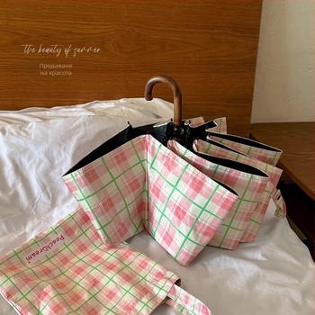 Ретро чадър за жени със извита кука — за слънце и дъжд, UPF 50+ защита, 8-ребрен стоманен скелет, полиестрова тъкан 190T, ръчно отваряне/затваряне, възможност за печат на лого