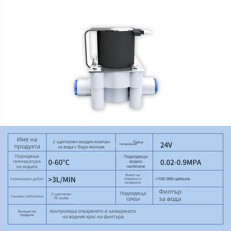 Клапан за пречиствател на вода със соленоид, 24V вход и 12V управление, автоматично промиване, бързи съединители 2/3