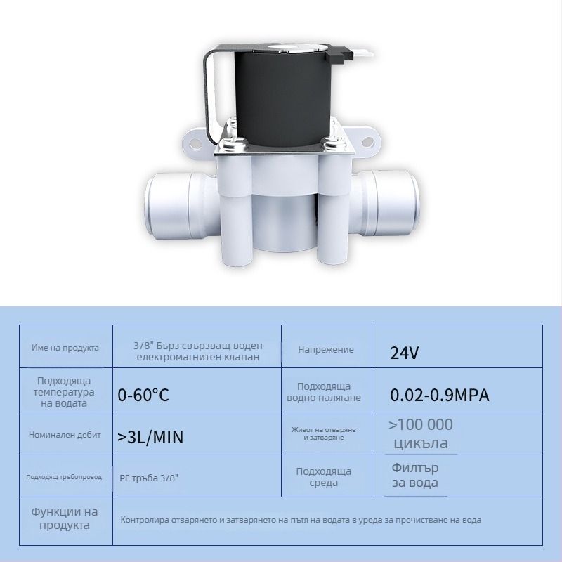 Клапан за пречиствател на вода със соленоид, 24V вход и 12V управление, автоматично промиване, бързи съединители 2/3