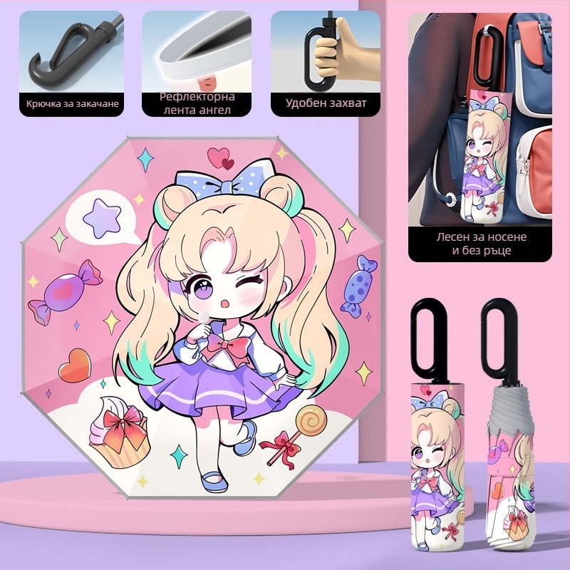 Детски автоматичен чадър с 8-ребрен каркас, UPF50+ защита от слънце и дъжд, печат на лого