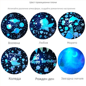 Детска нощна лампа с Bluetooth музика и проектор на звездното небе — дистанционно управление, захранване от мрежата, ABS корпус, множество звездни проекции