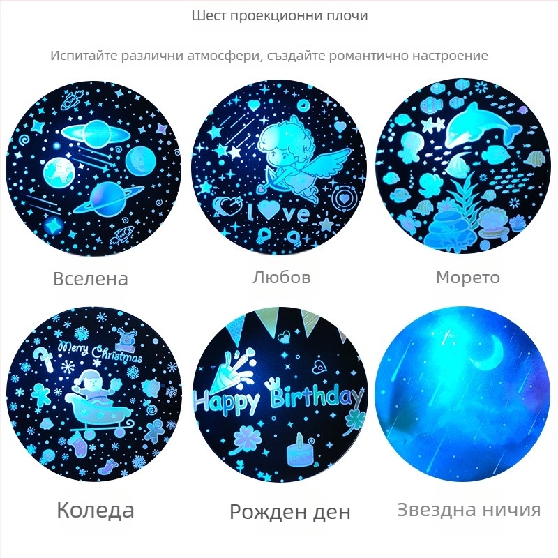 Детска нощна лампа с Bluetooth музика и проектор на звездното небе — дистанционно управление, захранване от мрежата, ABS корпус, множество звездни проекции