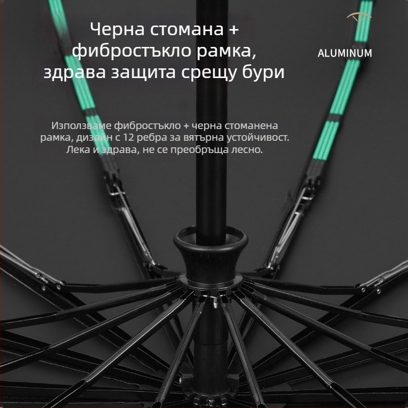 Rain Grace: Пълен автоматичен чадър, трисекционна конструкция, 12 шипа, стоманена рамка, UPF над 50