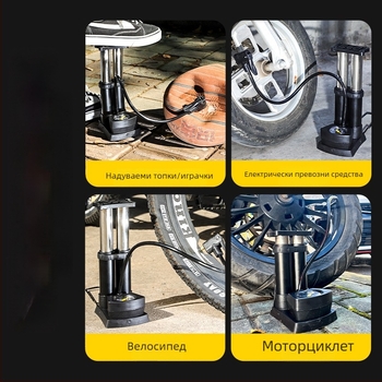 Двуцилиндрова педална помпа за велосипед с манометър и въздушна игла, преносима