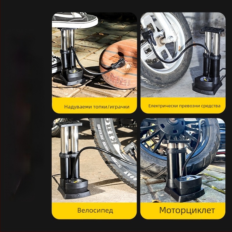 Двуцилиндрова педална помпа за велосипед с манометър и въздушна игла, преносима