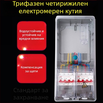 Електромерна кутия за трифазна четирипроводна система, външна водоустойчива, повърхностно монтирана, прозрачен пластмасов корпус, слот за карта