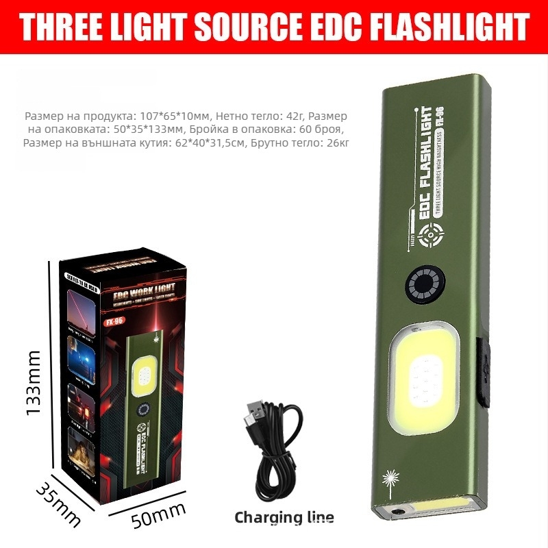 LED мини фенерче с ръчно презареждане, алуминиево тяло, 450 mAh батерия, магнитна работна светлина, лазерен указател