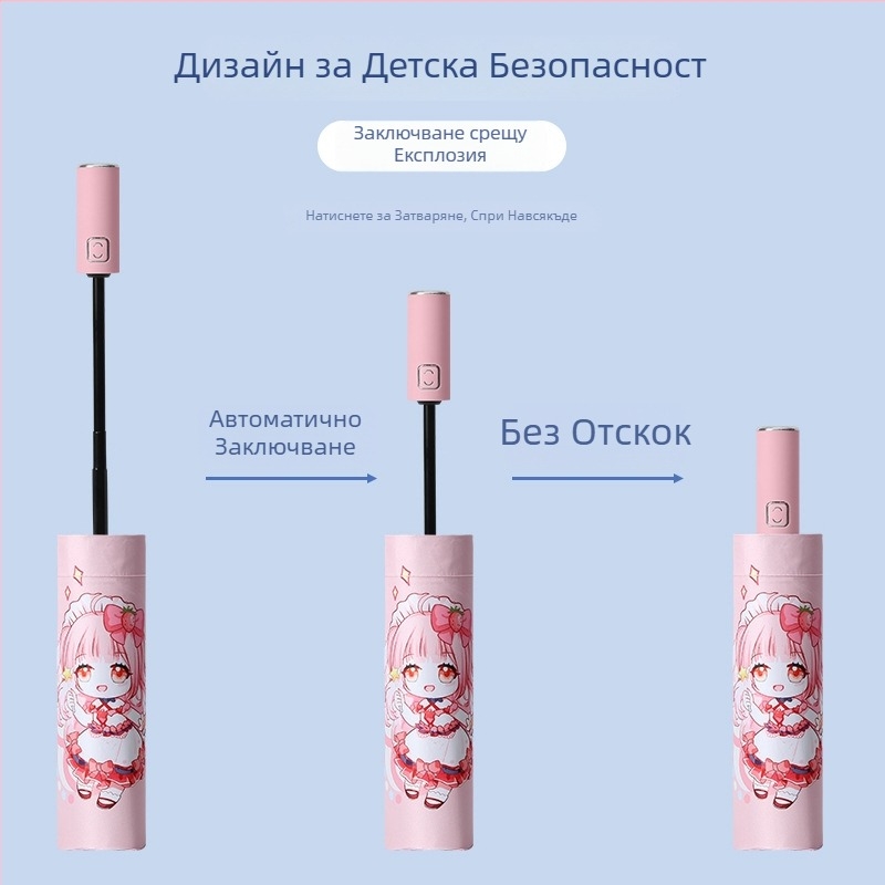 Детски чадър с три секции и карикатурен дизайн, автоматично отваряне, 8 стоманени ребра, 190T плат